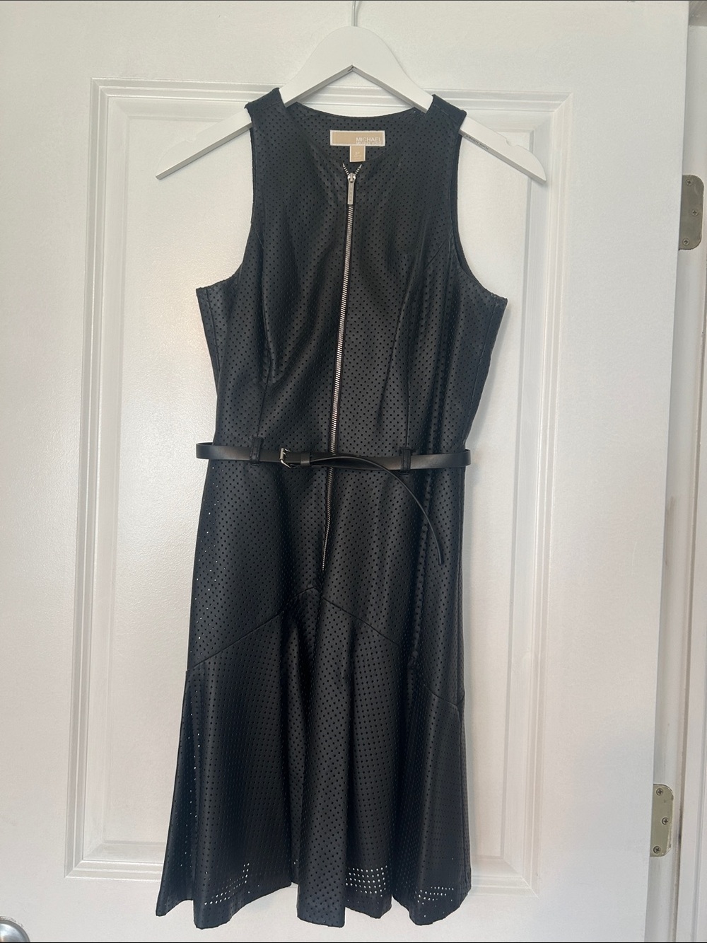Michael Kors Black Sleeveless Perforated Zip-Front Belted Dress